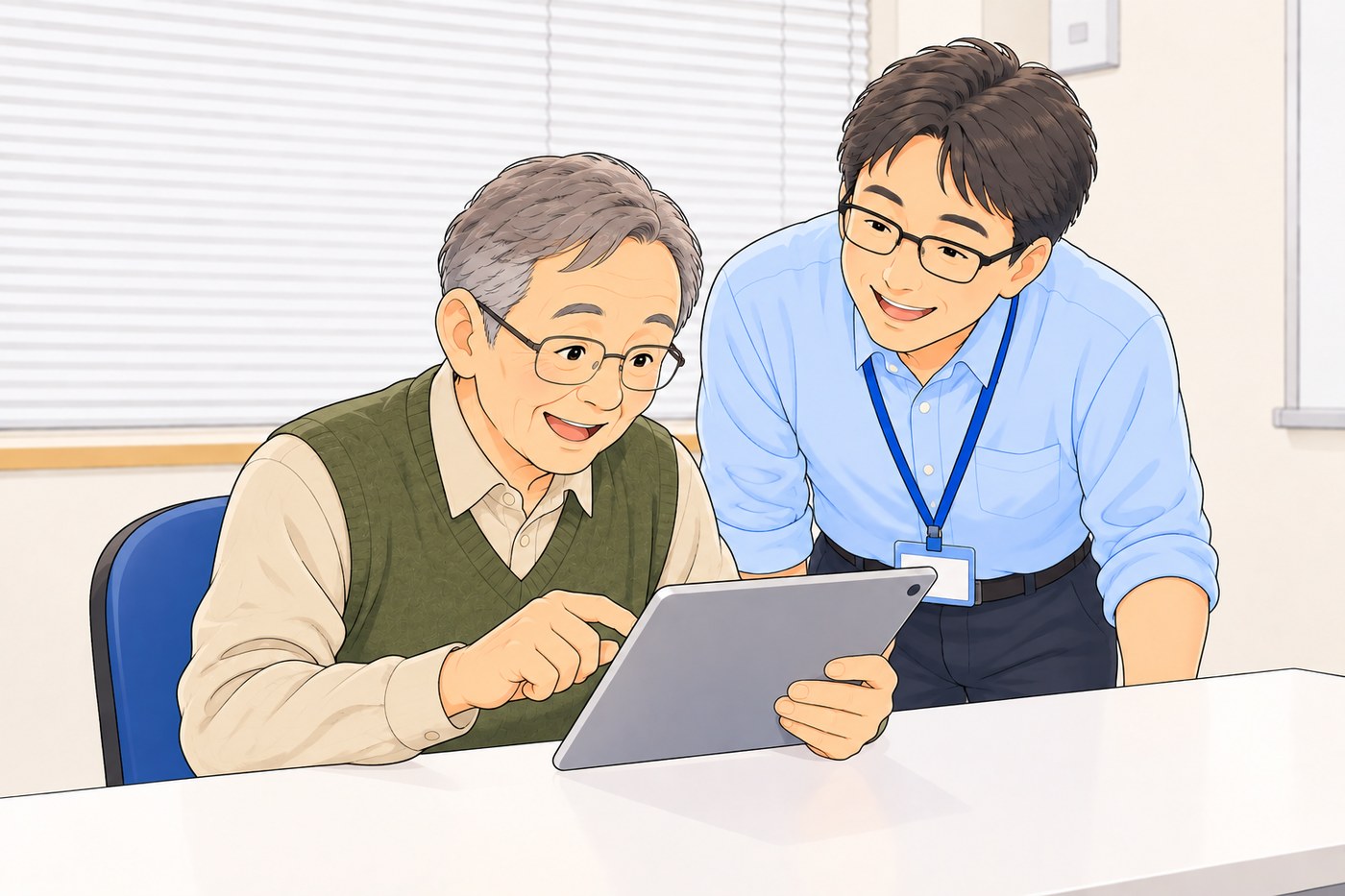 タブレットで頭の体操に取り組む受講生