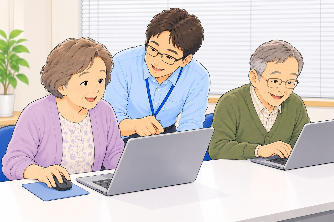 講師と一緒にマウス操作や文字入力を体験する初心者