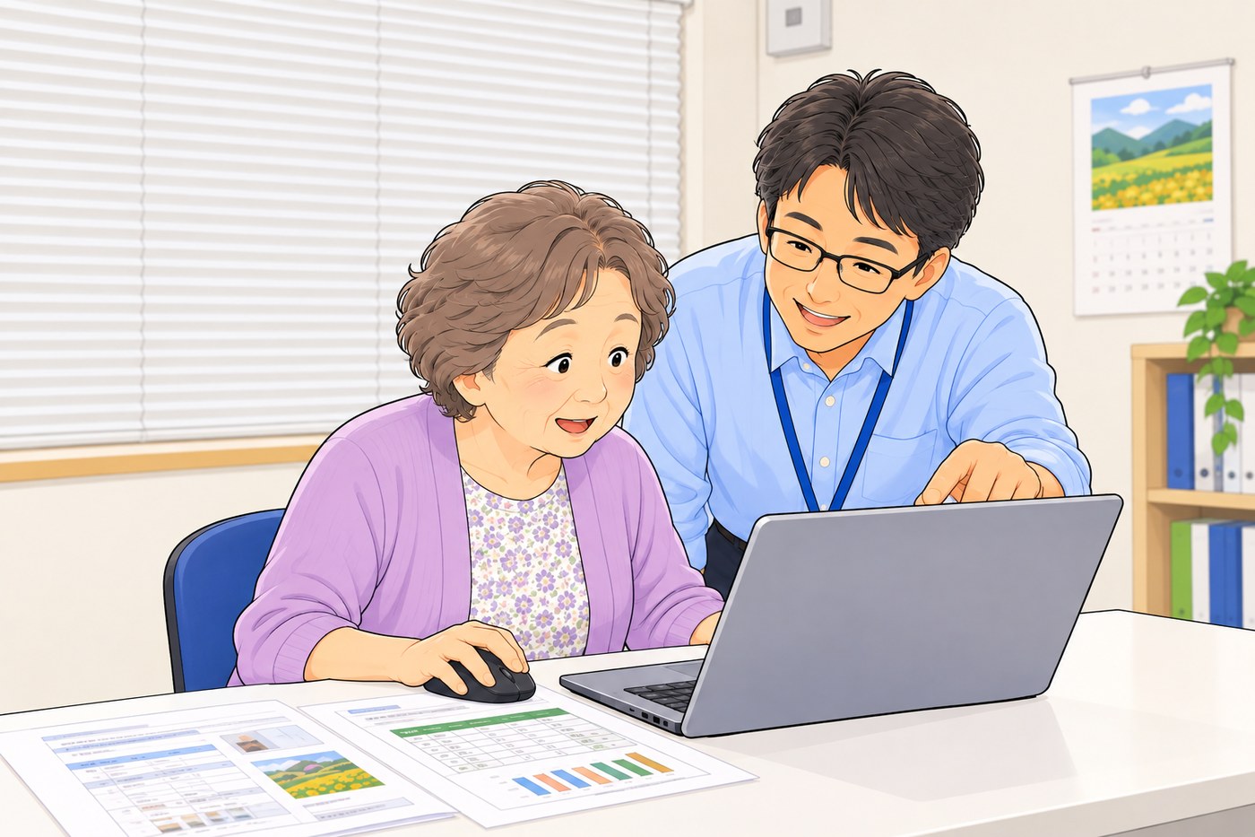 プリント教材を見ながらWordやExcelを学ぶ受講生と講師